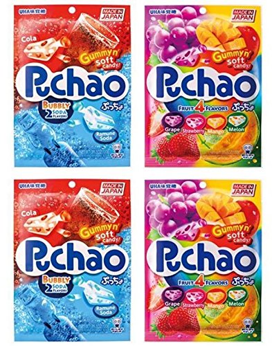 Puchao Gummy n' Soft Candy, Cola, Ramune Soda, and 4 Fruits Flavors, 3.53 Ounces, Pack of 4