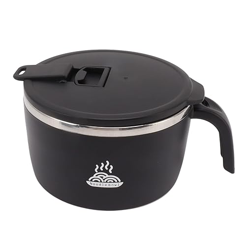 Ramen Bowl, 900ml Double Wall Stainless Steel Rapid Noodle Cooker with Drains, Lid and Handle, Mobile Phone Holder, Ramen Soup Bowl for Noddles, Office College Dorm Room Cooking (Black) - Black