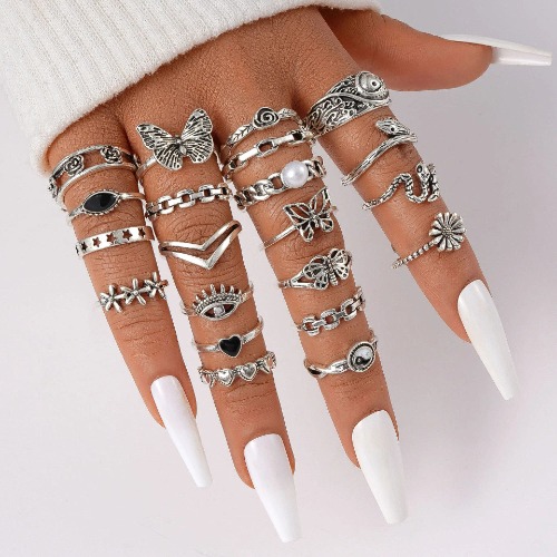 21pcs Goth Boho Ring Set - Silver