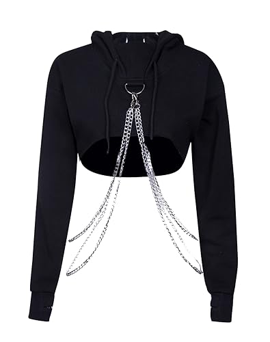 AULKEEP Womens Goth Punk Iron Chain Strap Hooded Crop Tops Cotton Black Hoodie Pullover Sweatshirt - XX-Large - 3-black