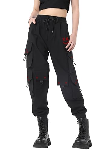 CLOAKA Cargo Pants Women Gothic Y2K High Waist Adjustable with Pockets Drawstring Street Techwear Jogger Sweatpants - XX-Large - Black Red