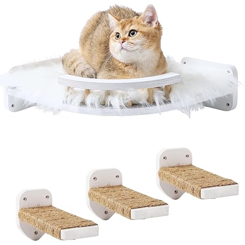 COOLEX Cat Wall Shelves, Cat Shelves and Perches for Wall, Cat Wall Furniture, Corner Cat Shelf with 3 Steps Scratch Post, Cat Bed Hammock with Plush Covered, Climbing Shelf for Indoor Cats (White) - White (1 Cornor Shelf+1 Cushion+3 Steps)