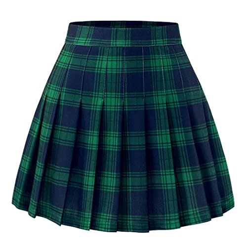 FindDress Women’s Pleated Skirt Mini Skater Basic Skirt School Cheerleader - Large - Green Navy Plaid