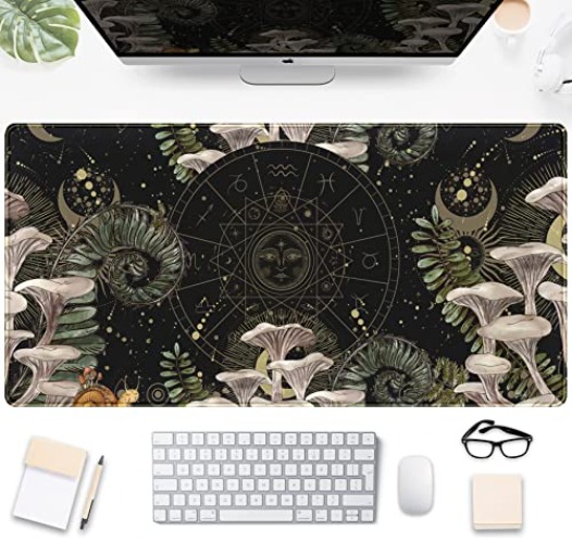 Moon Mushroom Gaming Desk Pad Cute Dark Tarot Mousemats Desk Mat, Forest Extended Large Anime Mouse Pad, Gamer Desk Decor Setup, Full Desk Mouse Keyboard Mat XXL, Laptop Desk Pad 31.5"x15.75" - Black Flat Mushroom