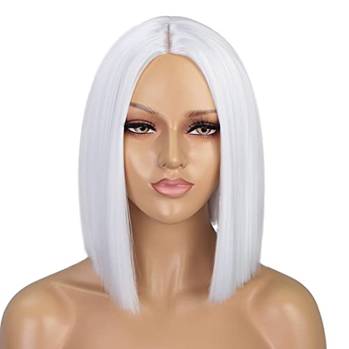 ENTRANCED STYLES White Wig Short Bob Wigs for Women 12Inch Heat Resistant Middle Part Straight Synthetic Wig Party Costume Halloween Cosplay Wig - Snow White - 12.5 Inch