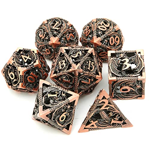 DND Dice Set Metal Dice Dungeons and Dragons Dice Gift Polyhedral Dice Set D&D Role Playing Dice D20 Hollow Polyhedral Dice Set for Dungeons and Dragons RPG MTG Table Games - Ancient Red Copper