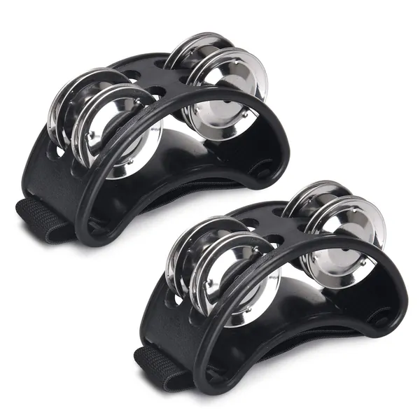 Facmogu 2PCS Foot Tambourine Percussion, Musical Instrument Percussion Pedal with Steel Jingle Bells for Drum & Guitar Playing, Foot Percussion Shakers with Elastic Strap for Adults - Black - Black
