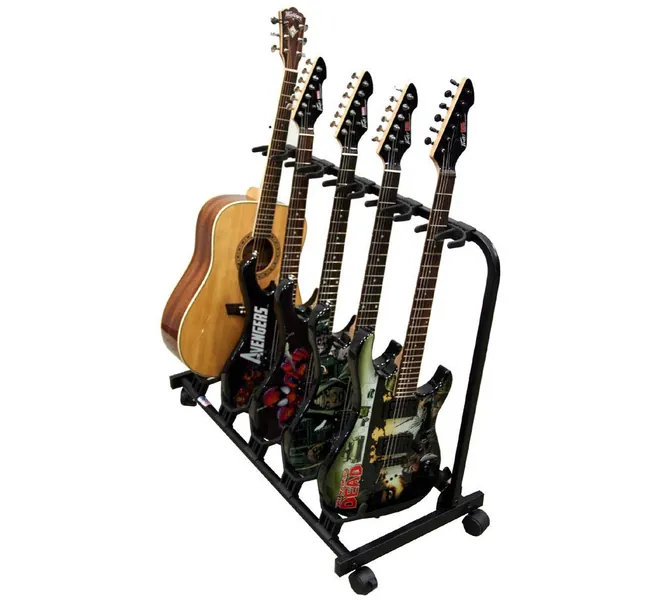 5 Guitar Rolling Cart Stand Pro Audio Stage, Studio or Display Rubber Divider Electric or Acoustic Guitar Holder - 