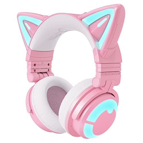 YOWU RGB Cat Ear Headphone 3G Wireless Bluetooth 5.0 Foldable Gaming Pink Headset with 7.1 Surround Sound, Built-in Mic & Customizable Lighting and Effect via APP, Type-C Charging Audio Cable -Pink - Pink