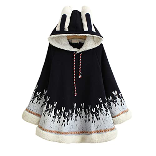 Winter Cape Hoodie Cute Bunny Cotton Hooded Girls Outerwear - Navy Blue