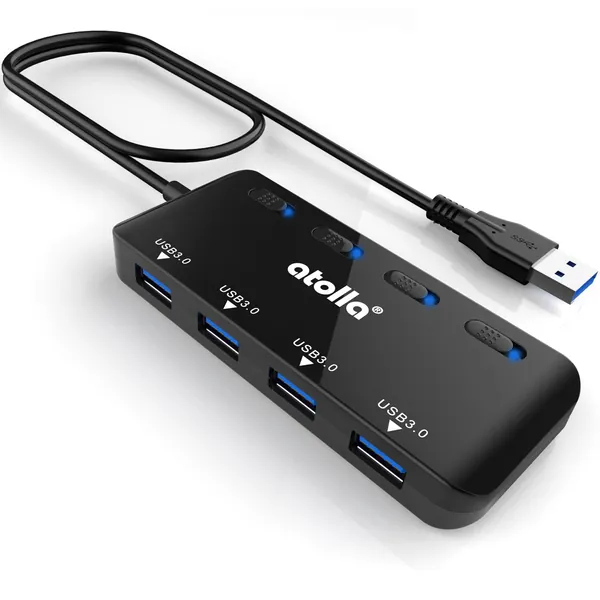 USB Hub, 4-Port USB 3.0 Hub Splitter with 2 ft Extended Cable, Ultra Slim Data USB Extender with Individual Power Switches and LED - 2 FT