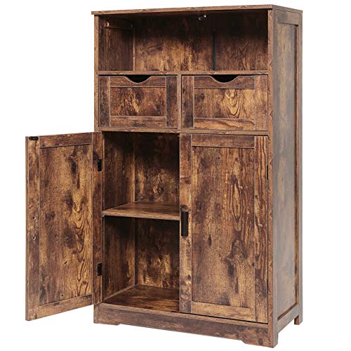 Iwell Storage Cabinet with 2 Adjustable Drawers & 2 Shelf, Rustic Storage Cabinet with Door, Floor Storage Cabinet, Cupboard for Living Room, Home Office, Kitchen, Rustic Brown - Brown