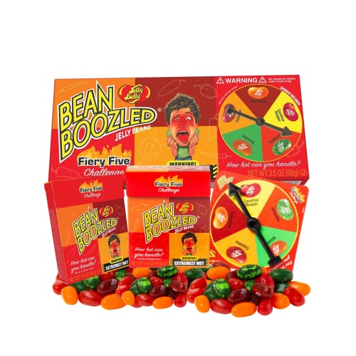 BEANBOOZLZED Fiery Five Jelly Bean Game. Spicy Candy Challenge Spinner Gift Box 3.5 Oz. and Two Flip Top Zesty Refills, 1.6 Oz. Each with Five Levels of Heat (3 Pack) - 3 Piece Set