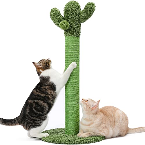 Made4Pets 34" Tall Cat Scratching Post, Cactus Cat Scratcher Kitten Scratching Posts for Indoor Cats Adults Claw Scratch with Sisal Rope, Vertical Green Cat Tree with Dangling Ball for Kitties Large - Large - 33.9"