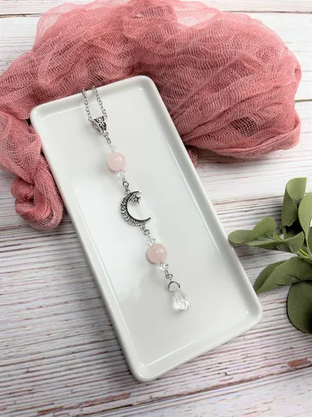 Rose quartz moon rear view mirror accessory, crystal car mirror charm, car mirror hanger, crystal car decor, moon car charm