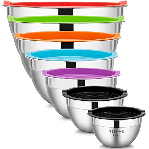 YIHONG 7 Piece Mixing Bowls with Lids for Kitchen, Stainless Steel Mixing Bowls Set Ideal for Baking, Prepping, Cooking and Serving Food, Nesting Metal Mixing Bowls for Space Saving Storage - Multicolor