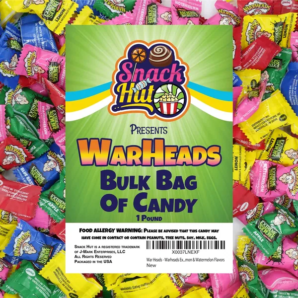 War Heads - Warheads Extreme Sour Hard Candy - Extremely Sour Flavored Candies - Assorted Flavors Bulk 1 Pound Bag - Sour Apple, Black Cherry, Blue Raspberry, Lemon & Watermelon Flavors - 