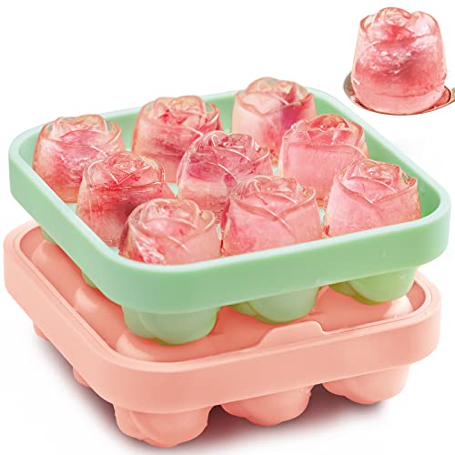 Rose Ice Cube Tray, MEETRUE Rose Shaped Ice Tray Silicone Ice Cube Tray Rose Ice Molds Making 9 x 1.2'' Rose Ice Cube Trays for the freezer, Novelty Drink Tray For Chilled Cocktails Juice Drink - 2 Rose Ice Trays(Green+Pink)