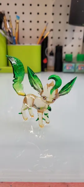 Leafeon from Pokemon, a custom figurine, 3D printed and hand painted in clear resin.
