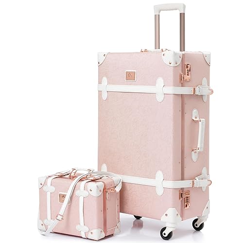urecity Vintage Suitcase Set for Women, Vintage Luggage Sets for Women 2 Piece, Cute Designer Trunk Luggage, Retro Suit Case, Luggage Zipperless TSA Approved, Elegant Pink, 26"+12" - 26"+12" - Elegant Pink
