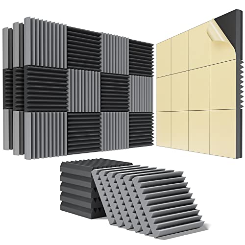 48 pack Acoustic Panels Self-Adhesive, 2" X 12" X 12" Quick-Recovery Sound Proof Foam Panels, Acoustic Foam Wedges High Density, Soundproof Wall Panels for Home Studio,Black-Gray - 2 Inch 48 Pack Self Adhesive - black-gray