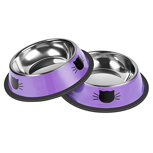 Serentive 2Pcs Cat Bowls Non-Slip Stainless Steel Small Cat Food Bowls Unbreakable Thicken Cat Feeder 7 Oz Cat Dishes Suitable for Indoor Small Pets Removable Rubber Base Easily Clean Lovely Color - Purple