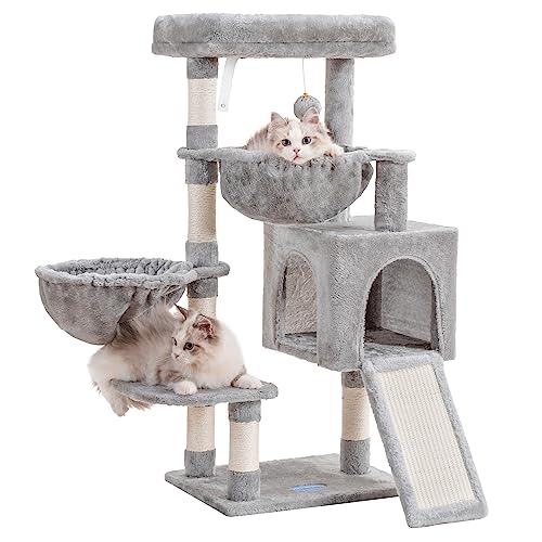 Hey-brother Cat Tree, Cat Tower for Indoor Cats, Cat House with Large Padded Bed, Cozy Condo, Hammocks, Sisal Scratching Posts, Big Scratcher, Light Gray MPJ006SW - 35.4 inch - Light Gray