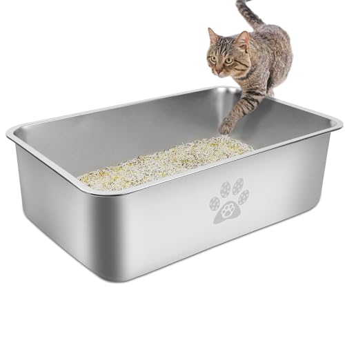 PWTAA Stainless Steel Cat Litter Box High Side Cats Toilet Metal Kitten Litter Pan, Pet Cleaning Tool for Big and Small Cats, Rabbits, Splash-Proof and Non-Stick Cat Poop Box odorless 23.6"x15.7"x7.9" - X-Large