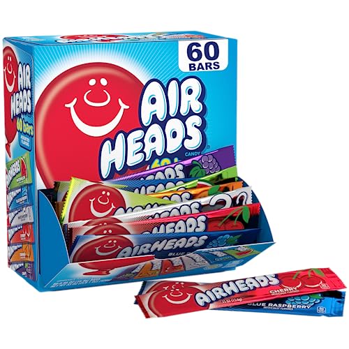 Airheads Candy Bars, Variety Bulk Box, Chewy Full Size Fruit Taffy, Gifts, Holiday, Parties, Concessions, Pantry, Non Melting, Party, 60 Individually Wrapped Full Size Bars - Variety - 60 Count (Pack of 1)