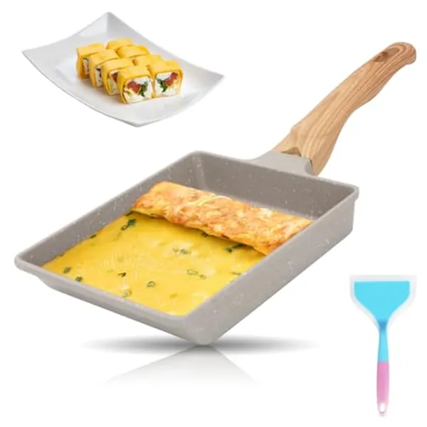 RANJIMA Tamagoyaki Omelette Pfanne, Rechteckige Japanische Omlettenpfanne mit Isoliertem Holzgriff, Aluminium Antihaft Eierpfanne für Induktion & Gasherd, Tamago Pfanne Bratpfanne, 19 x 16 cm (Weiß) - Weiß