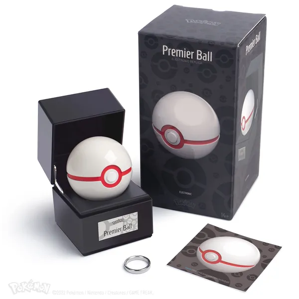 The Wand Company Premier Ball Authentic Replica - Realistic, Electronic, Die-Cast Poke Ball with Ball and Display Case Light Features Officially Licensed by Pokemon - 