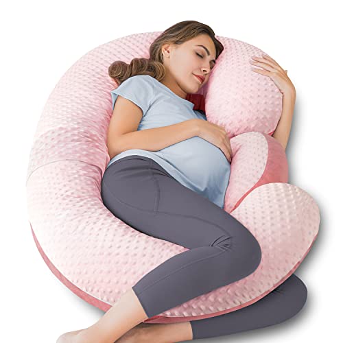 QUEEN ROSE Pregnancy Pillows - E Shaped Pregnancy Pillows for Sleeping, Detachable Body Pillow for Pregnant Side Sleeper, Pink Bubble Velvet, 60in - Polka Dot Velvet - Pink