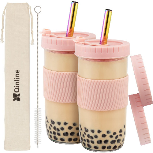 Reusable Boba Cup Bubble Tea Cup 2 Pack, 24Oz Wide Mouth Smoothie Cups with Lids Straws Silicone Sleeve, Leakproof Glass Mason Jars Drinking Water Bottle Travel Tumbler for Large Pearl Christmas Gifts - Rose Pink