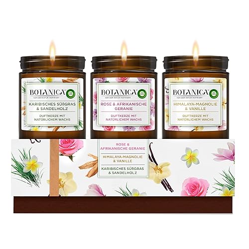 Botanica by Air Wick Duftkerzen Geschenkset – 3 verschiedene Düfte – Bis zu 40 Stunden pro Kerze - 3 x Kerze im Glas – In schöner Geschenkbox - mit natürlichen Inhaltsstoffen - Duftkerzen Geschenkset