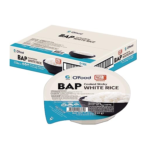 O'Food BAP Instant Rice (Pack of 12), Korean Cooked White Rice, Microwavable, Gluten-Free Sticky Rice Bowl, Asian Rice, Pantry Staple, Microwave Safe, Perfect with Kimchi, Noodles, Soup - 7.4 Ounce (Pack of 12)