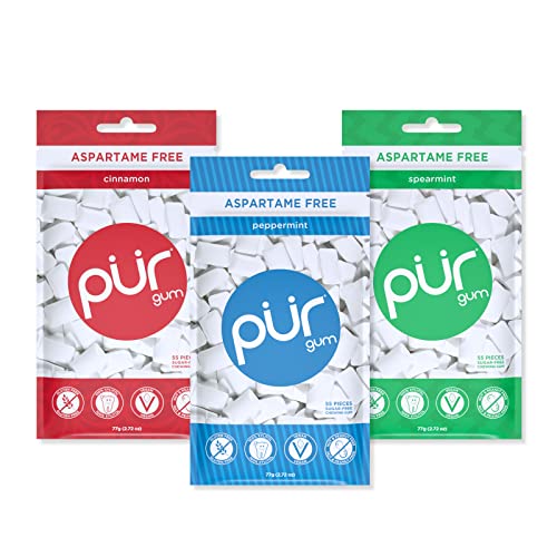 PUR Gum | Aspartame Free Chewing Gum | 100% Xylitol | Sugar Free, Vegan, Gluten Free & Keto Friendly | Natural Flavored Gum, Variety Pack, 55 Pieces (Pack of 3) - Variety - 55 Count (Pack of 3)