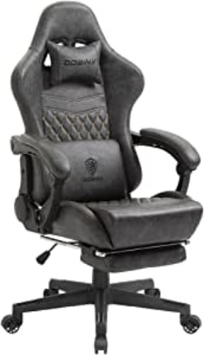 Dowinx Gaming Chair with Massage Lumbar Support, Vintage Style Office Computer Chair PU Leather E-Sports Gamer Chairs with Retractable Footrest and Headrest Light Grey - Grey-1