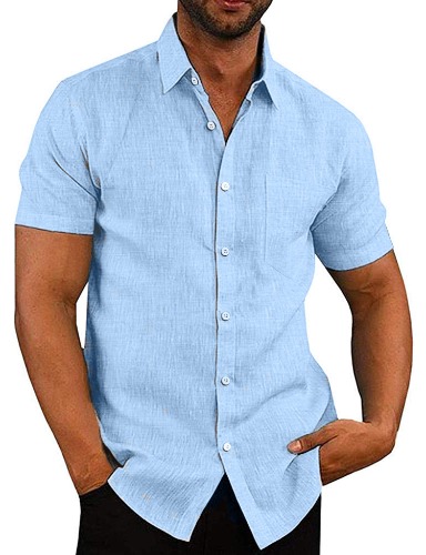 COOFANDY Men's Casual Linen Button Down Shirt Short Sleeve Beach Shirt - Men Medium Linen - Sky Blue