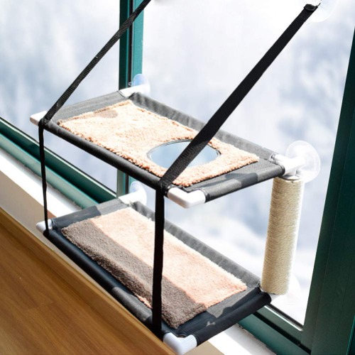 Cat Window Hammock Perch Cat Bed Kitty Sunny Seat Double Layers Pet Perch With Scratching Post, 6 Suction Cups Holds Up to 22lbs (Double Layers)