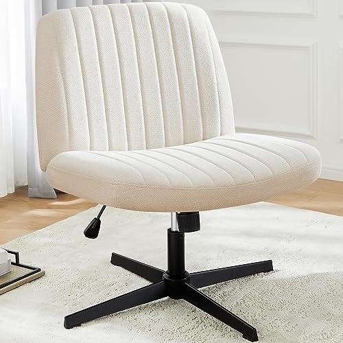 Cross Legged Office Chair, Armless Wide Desk Chair No Wheels, Modern Home Office Desk Chair Swivel Adjustable Fabric Vanity Chair - Beige