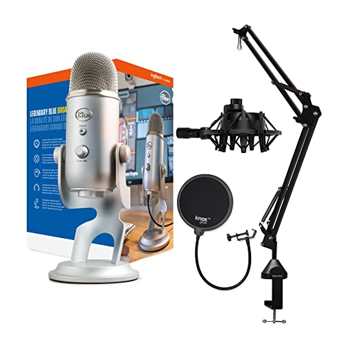 Blue Yeti Microphone (Silver) with Boom Arm Stand, Shock Mount and Pop Filter Bundle (4 Items),USB - Silver