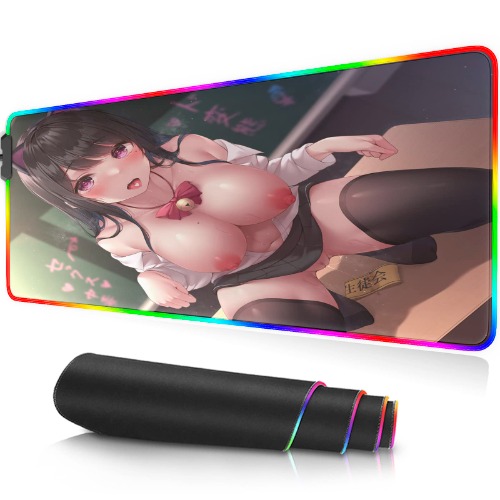 LED Hentai Anime Waifu Large Gaming Mouse Pad with Stitched Edges, Non-Slip Base, Water Resist Keyboard Pad, Anime Lewd Girl Ahegao Desk Mat for Gamer, Office & Home, 31.5 x 11.8 inches - Pattern 5