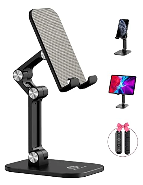 OCYCLONE Cell Phone Stand + 2 PCS Cable Organizer, Angle Height Adjustable iPhone Stand for Desk, Foldable Cell Phone Holder Tablet Stand Compatible with 4"-12.9" Phone Tablet
