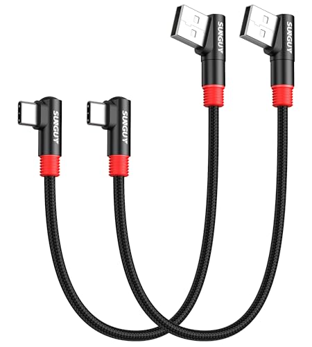 SUNGUY Right Angle USB C Cable 2Pack [1FT/0.3m] 18W Short 90 Degree USB 2.0 USB-C Fast Charging Data Sync Cable Nylon Braided for Samsung Galaxy S20 S10 S9, LG, Google Pixel, iPad Mini 6 - 1FT - Black - 2