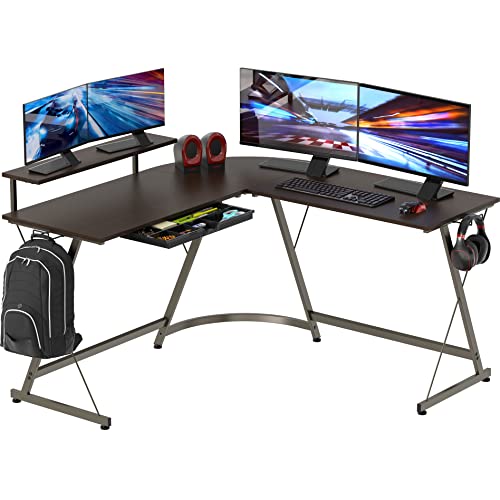 SHW Vista L-Shape Desk with Monitor Stand, Espresso - L-Shaped - Espresso