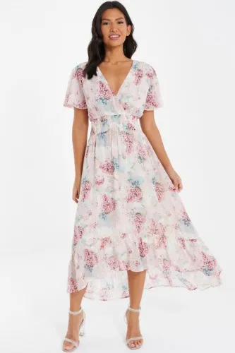 Light Pink Chiffon Floral Dip Hem Midi Dress