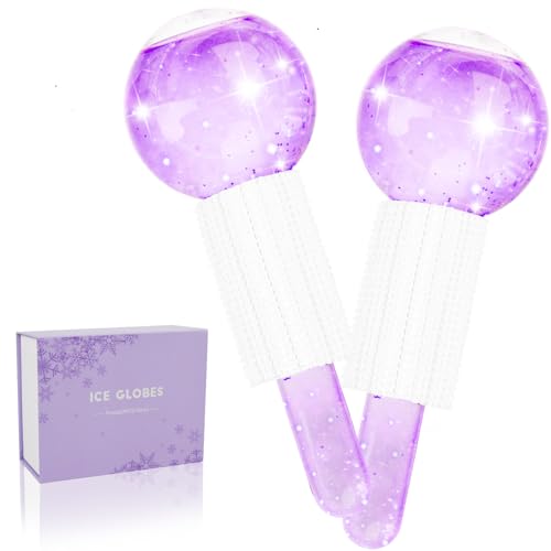Ice Globes for Face, AISEELY 2pcs Ice Roller for Face and Eyes, Facial Ice Globes Mold, Glass Ice Ball Face Massager Skin Care Tools for Muscle Pain and Brighten Tighten Skin, Purple - Purple