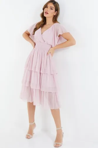 Pink Chiffon Tiered Midi Dress