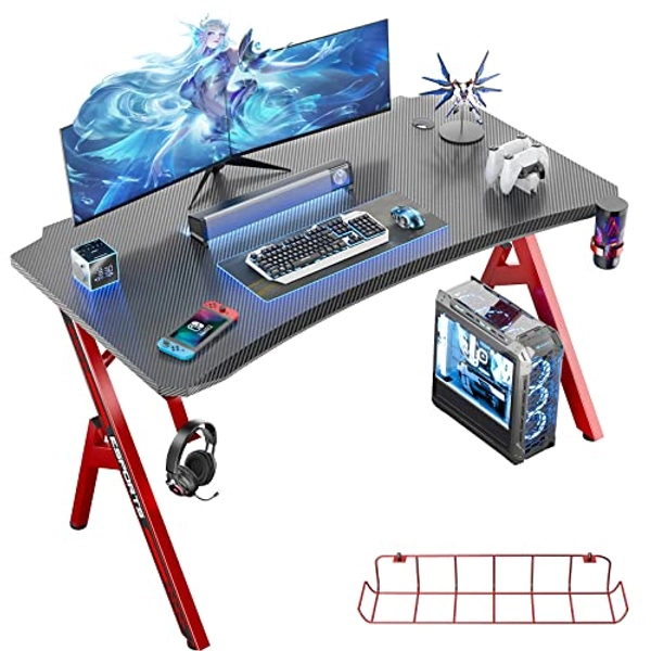 Ecoprsio Gaming Desk, 47 Inch Gaming Computer Desk with Carbon Fiber Desktop, Large Y Shaped Gamer Desk with Cup Holder and Headphone Hook, 47.2'' Game Table for Gamer Room, Workstation, Bedroom, Red
