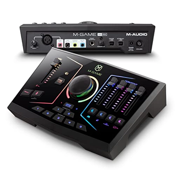M-Game RGB Dual USB Audio Interface Mixer for Streaming and Gaming with XLR Microphone in, Optical in, Voice FX, Sampler, RGB Lights and Software